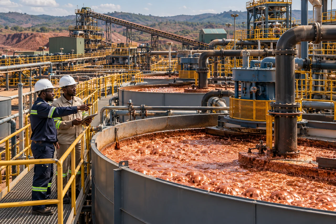 Ingénieurs dans une installation de concentration du minerai de cuivre. Illustration générée par IA.