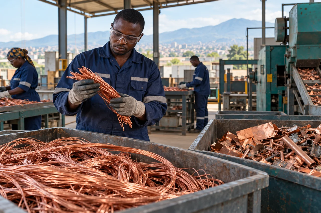 Tri de fils et de matières secondaires pour le recyclage du cuivre. Illustration générée par IA.